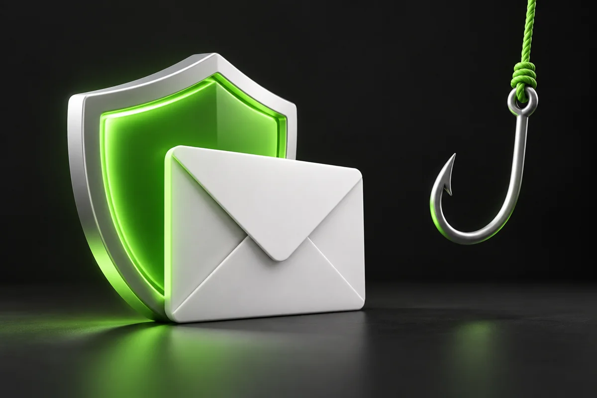 Enveloppe et hameçon devant un bouclier protecteur vert sur fond noir