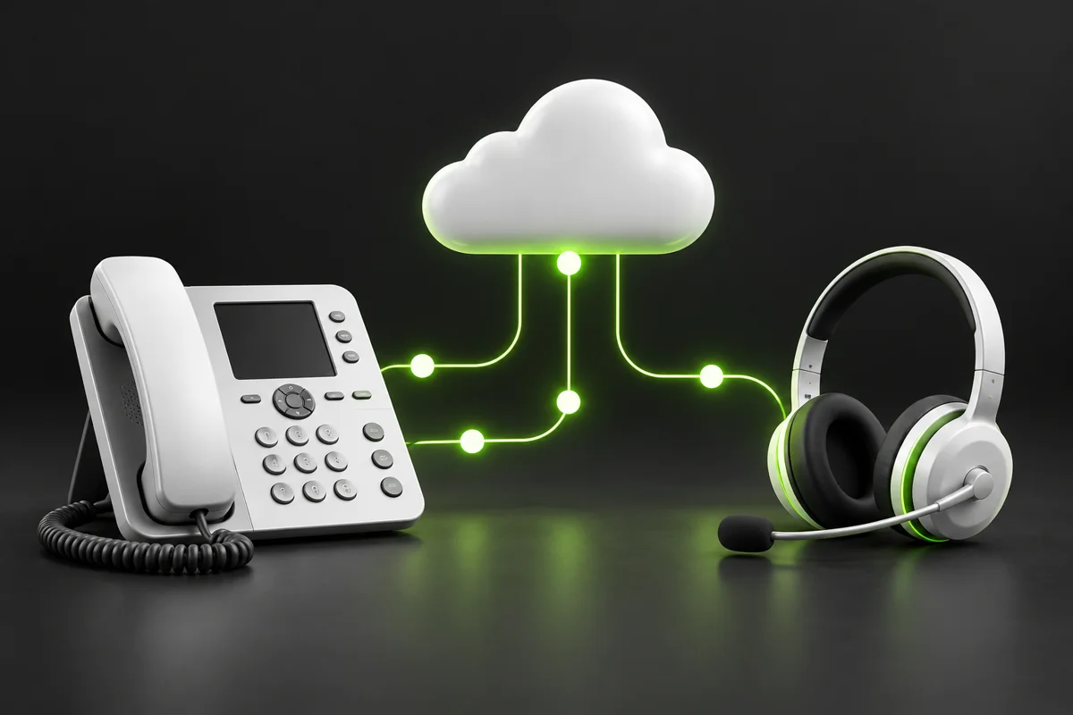 Téléphone de bureau, casque et nuage reliés par des lignes réseau vertes